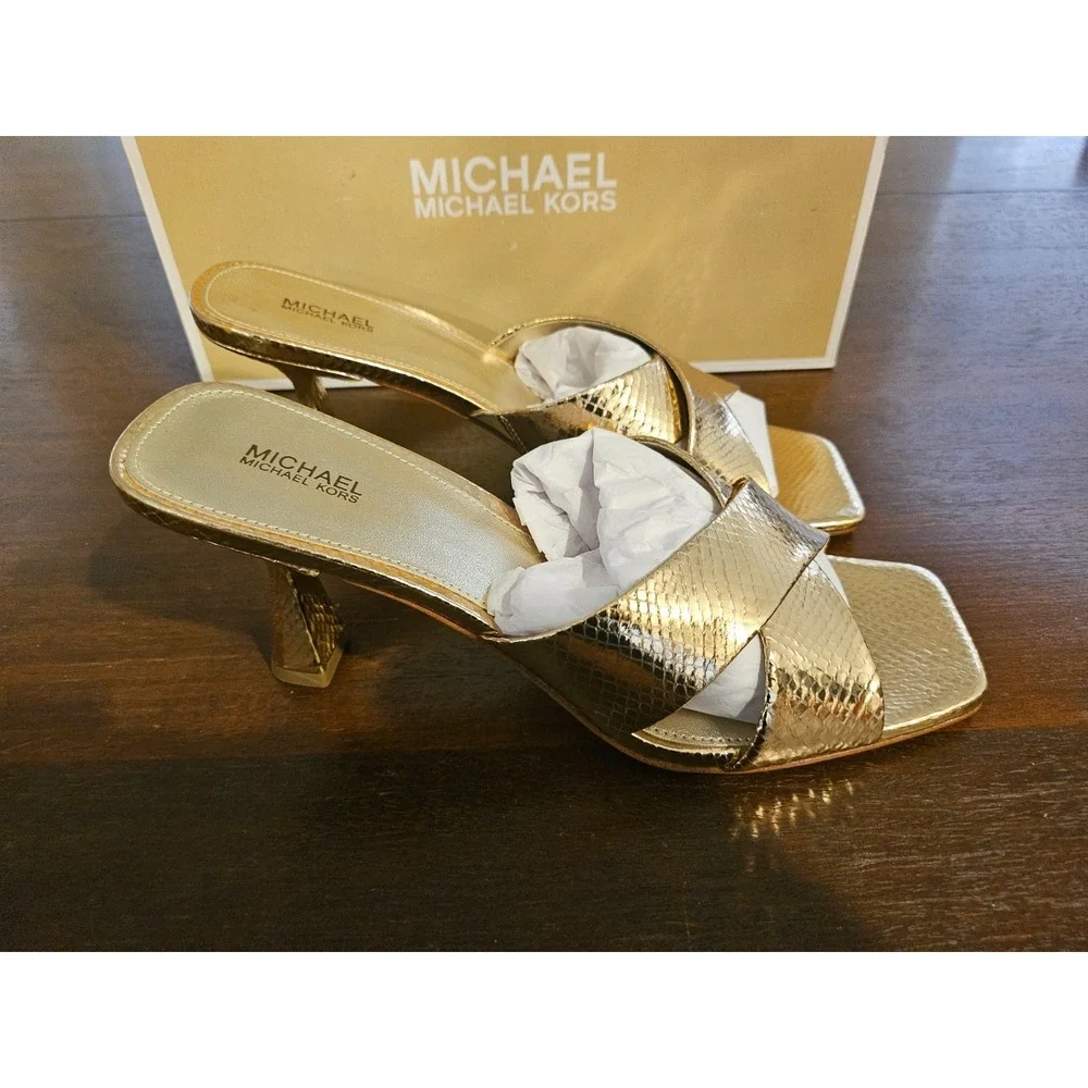 Michael Kors Clara Mule Square toe Sandals Gold Snake Skin leather New in box 10